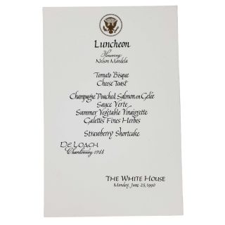 1990 Menu White House Luncheon Honoring Nelson Mendela President Republic of South Africa