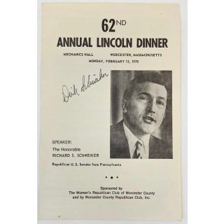 1977  Signed Richard Schweiker Program from Annual Lincoln Dinner Massachusetts 