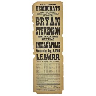 1900 Bryan and Stevenson Campaign Notification Meeting Indiana Broadside Poster