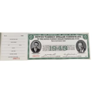 1948 Dewey Warren Dollar Certificate For Campaign Fund With Stub