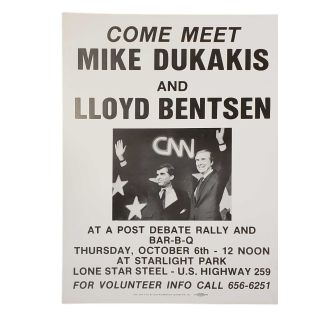1988 Mike Dukakis and Lloyd Bentsen Texas Large Campaign Rally Poster