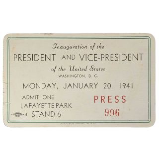 1941 Franklin D. Roosevelt Inauguration Numbered Press Pass Ticket