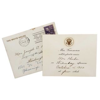 1952 First Lady Bess Truman Invitation Addressed to Wife of Joseph Duke