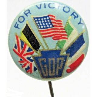 1916-1920s GOP For Victory Homefront Button With Allied Flags