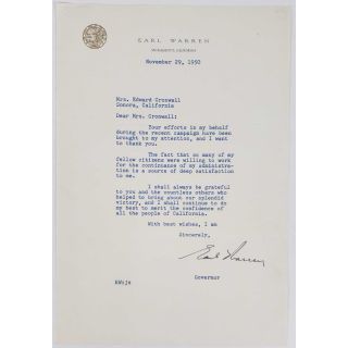 1950 Supreme Court Justice Earl Warren Signed Letter as California Governor
