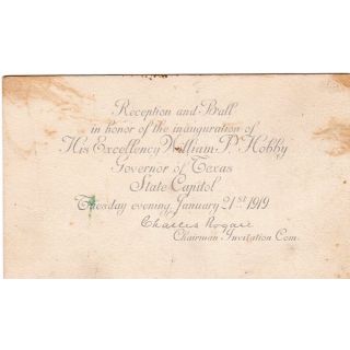1919 Inaugural Ticket for Wiliam Hobby Governor of Texas
