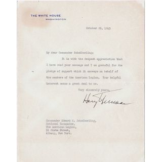 1945 White House Signed Letter from Harry Truman - American Legion