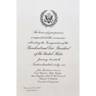 1961 John F. Kennedy Congressional Inaugural Ceremonies Invitation