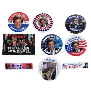 2004 Group of 9 Different John Kerry For President Buttons