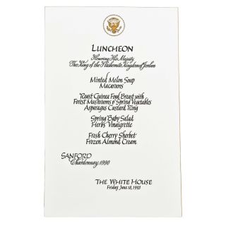 1993 Menu From White House Luncheon Honoring King Hussein of Jordan