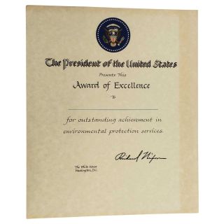 1970s Richard Nixon Award of Excellence in Environmental Protection Certificate