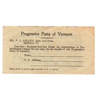 1912 Teddy Roosevelt Progressive Party Vermont Subscription