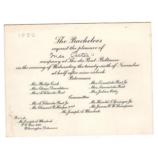 1930 The Bachelors Social Dance Invitation Delaware duPont