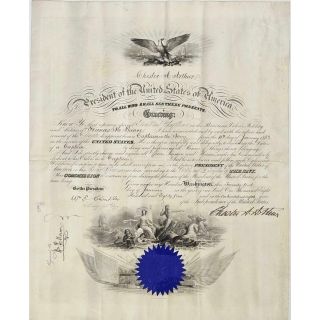 1884 President Chester A Arthur  Signed Naval Commission Promotion to Captain