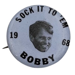 1968 Sock It To 'Em Bobby Classic Robert Kennedy Floating Head Campaign Button - Blue