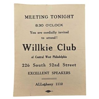 1940 Wendell Willkie Club Philadelphia Pennsylvania Meeting Rally Flyer
