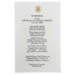2000 Menu From White House State Visit Honoring President of South Africa Mbeki