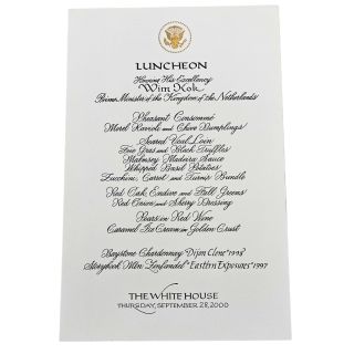 2000 White House Luncheon Menu Honoring Wim Kok Prime Minister of Netherlands