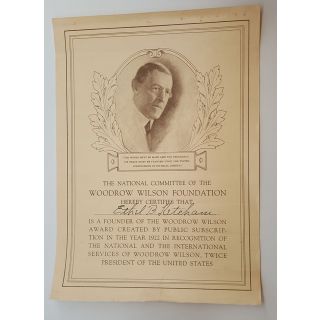 1922 President Woodrow Wilson Foundation Founding Member Certificate