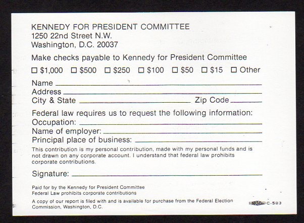 ted Kennedy donation card
